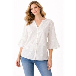 Nanette Lepore Womens Blouse White Floral Embroidered L Button Fromt Boho Cotton